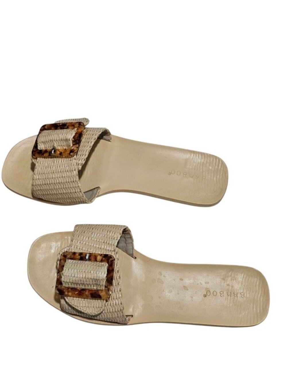 Bamboo Women Size 8 Slide Sandal Beige Woven Raffia Buckle Statement Boho Summer - Picture 2 of 6
